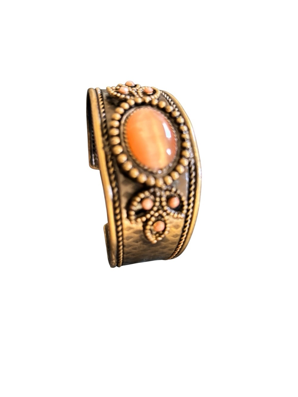 VTG ART DECO Coral Glass Stone Brass Flower Bangle Cuff BRACELET OS - Picture 2 of 4